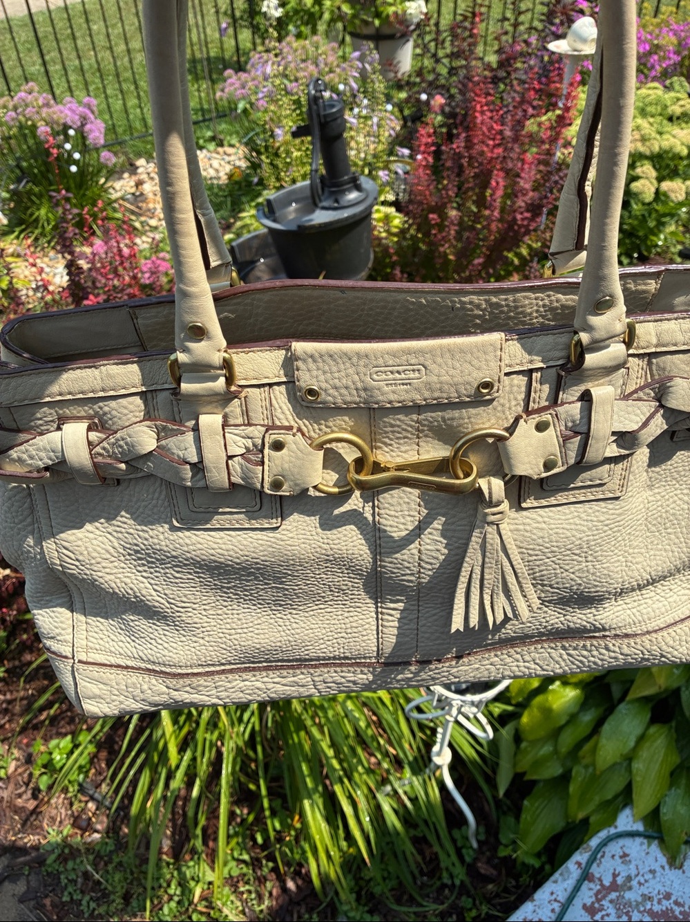 Genuine Vintage Coach  XL Hampton 2006Cream Leather Tote with Braided Trim